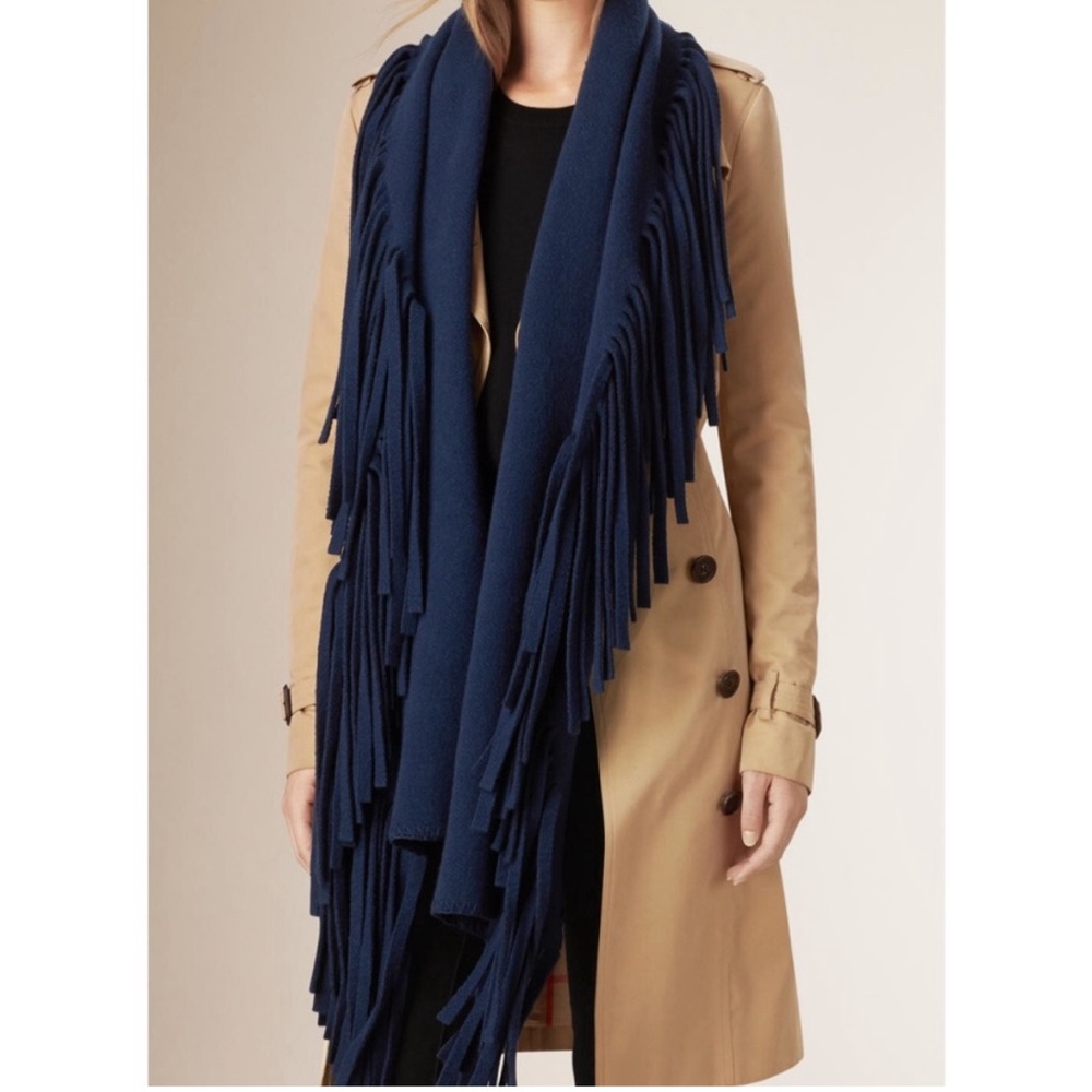 Brand new with tag Burberry solid blue fringed scarf / cape